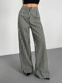 SHEIN EZwear Slimming Business Casual Woman Women Contrast Color Striped Low-Waisted Button Casual Trousers - Grey - View 5