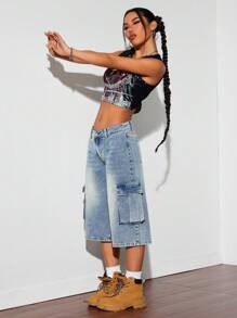 SHEIN ICON Pantalones capri de mezclilla de talle bajo hasta la rodilla para mujeres