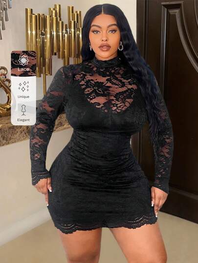 Slaydiva 大码优雅性感蕾丝迷你长袖连衣裙 - 黑色