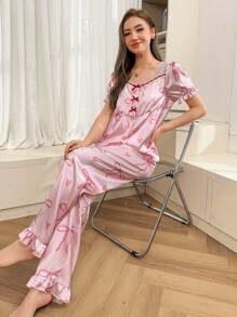 Dream Adore Conjunto de pijama de mujer con parches de encaje en forma de moño, dulce y encantador