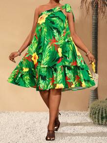 Slaydiva Plus Size New 2025 Casual Olive Flower Print Faux-One Shoulder Ruffle Hem A-Line Summer Dress, Vacation Casual Spring/Summer - Multicolor - View 1
