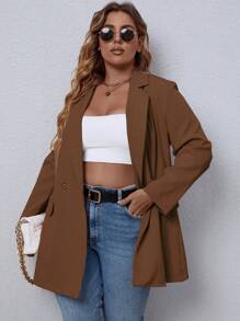 EMERY ROSE Plus Size Women's Double-Breasted Long Suit Blazer Oversized Blazer Graduation, Back To School, Teacher For Women Fall For Women Autumn - Camel - View 1