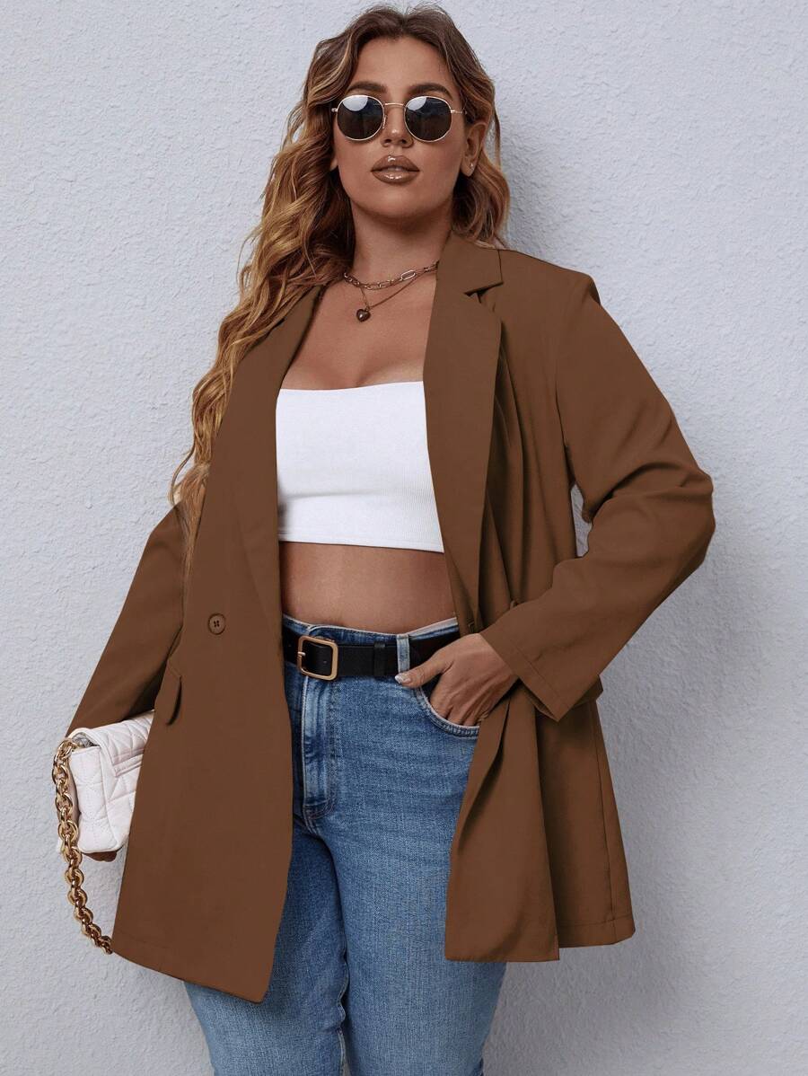 EMERY ROSE Plus Size Women's Double-Breasted Long Suit Blazer Oversized Blazer Graduation, Back To School, Teacher For Women Fall For Women Autumn - Camel - View 1