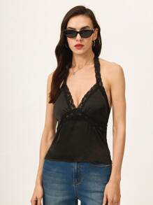 Poéselle 女式缎面上衣 蕾丝挂脖上衣 露背系带女式上衣 日常优雅黑色上衣 女式纯色撞色蕾丝挂脖吊带上衣 夏季女式夏季上衣 背心 短款上衣 春季女式夏季 夏季女式夏季上衣 节日挂脖上衣 春季上衣 Y2k 上衣 - 黑色 - 查看 4