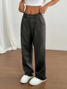 Flirla 1 条女士不对称腰部休闲日常办公通勤购物裤，卡其色 - 深灰色 - 查看 5