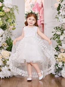 SHEIN Glamorique Kids Vestido de princesa sin mangas de unicolor con lazo en la cintura, falda de tul bordada tipo pastel, adecuado para bodas y fiestas formales