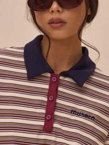 MUSERA Relaxed Fit Collared Striped Embroidered "Musera" Short Sleeve Polo Shirt Spring Street Style Book Shop Oversized Graphic Tees Airport Holiday Summer Fall Back To School Autumn Winter