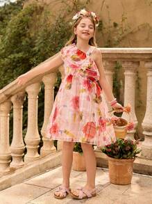 SHEIN Tween Girl Floral Water Print Ruffle Hem Dress, Elegant - Multicolor - View 1