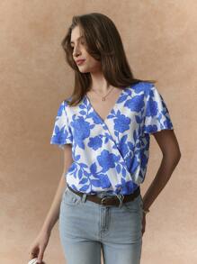 Écloséra Body con estampado floral y diseño cruzado en el cuello para mujer - Azul - Ver 3