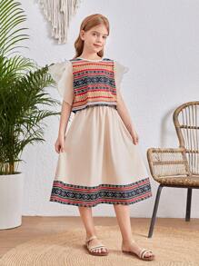 SHEIN Zweiteiler für Tween-Mädchen mit rundem Ausschnitt, Farbblock-Design, Kurzarm und A-Linien-Rock mit Einsatz - Aprikosenfarben - Übersicht 1