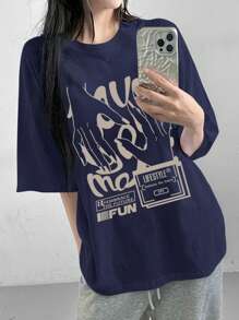 DAZY Damen Streetstyle lockeres T-Shirt mit großem grafischem Design, Oversized T-Shirt Streetwear für den Sommer