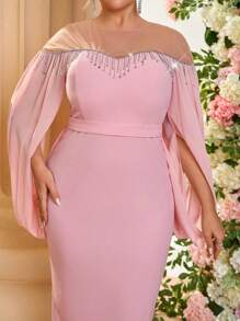 SHEIN Belle Plus Size Elegant Pink Asymmetrical Draped Sleeve Tassel Trim Sheer Neck Fitted Midi Party Dress, Wedding Guest Dress, For Cocktail - Pink - View 7