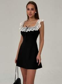 Aloruh Women's Elegant Contrast Lace Trim Sleeveless Mini Dress,Business Casual Woman