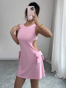 Elenzga Summer Vacation, Valentine's Day, Spring Festival Holiday Fashionable & Elegant Sexy Hollow Bowknot Mini Dress - Pink - View 4