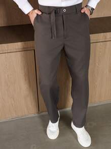 Manfinity Homme Plus Size Men's Solid Color With Pocket Straight Loose Casual Pants - Dark Grey - View 1