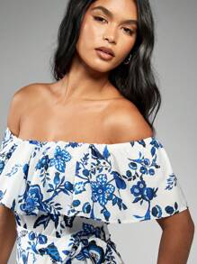 MISSGUIDED 印花巴多褶边多层连身裤配腰带夏季可爱连身裤 - 藍色 - 查看 6