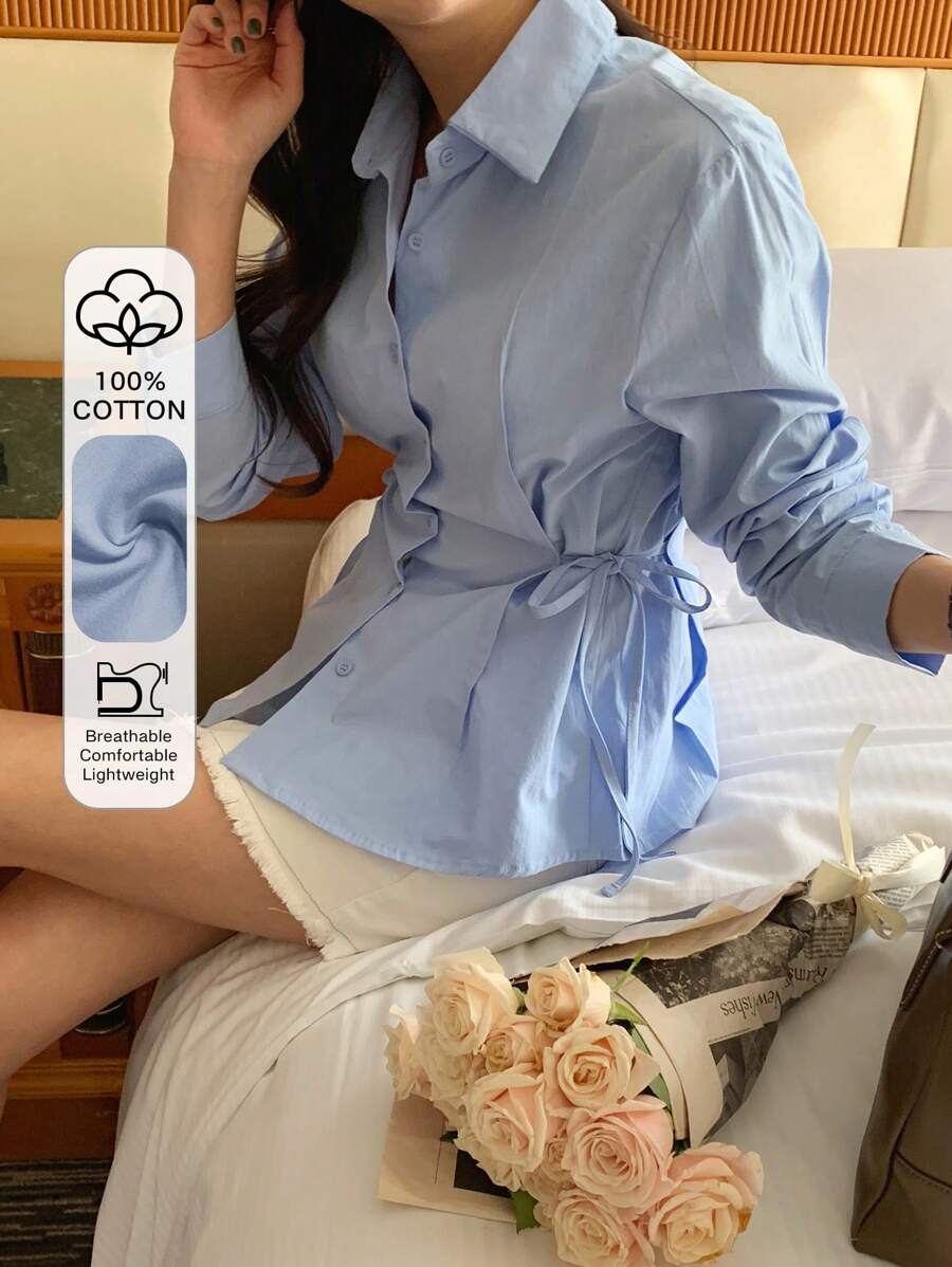 DAZY 女式休闲纯色翻领长袖衬衫秋季 - 藍色 - 查看 1