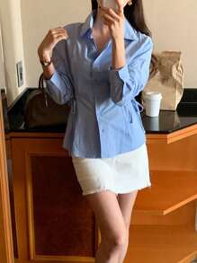 DAZY 女式休闲纯色翻领长袖衬衫秋季 - 藍色 - 查看 5