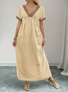 Breezaya Của phụ nữ Ngắn tay Khối màu Hình học Dệt hoa Đầm - Màu Khaki - Xem 3