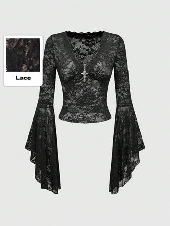 Goth Cross Beaded Decor V-Neck Flare Sleeve Lace Tight Top, Glamorous Sexy Plus Size
