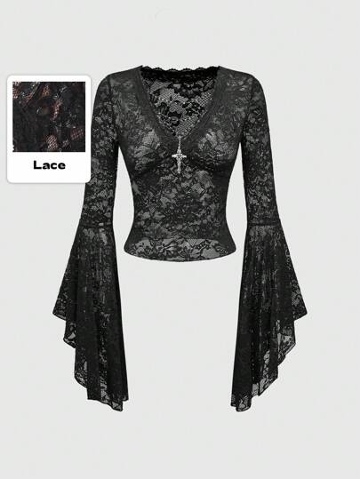 Goth Blusa de encaje con cuello en V, mangas acampanadas y decoración de cuentas con cruce, sexy y glamorosa de talla grande