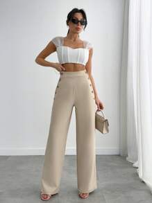 EURMUSE Casual Style, Button Side Detailed Straight Fit Pant - White - View 5