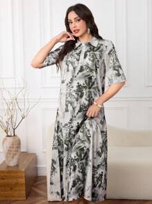Lacomfia Women Loose Ink Painting Pattern Short Sleeve Dress - Army Green - View 6