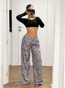 SHEIN ICON Y2K Low-Waist All-Over Tree Branch Print Straight Leg Wide Leg Pants - Multicolor - View 1