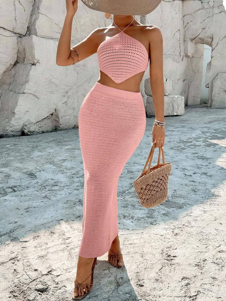 Calvaya 女士纯色镂空不对称下摆露背针织上衣和针织迷你裙两件套，休闲度假