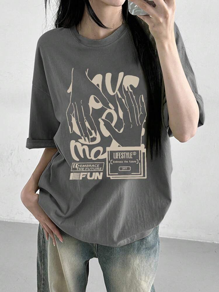 Women's Loose Fit Street Style T-Shirt With Large Pattern Design LIFESTYLE Embrace The Future EMBRACE THE FUTURE FUN Yes Summer Oversized T-Shirt,Graphic Tees