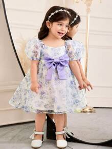 SHEIN Vestido elegante de media longitud para bebé niña con cuello cuadrado, mangas abultadas y decoración de lazo - Azul - Ver 6