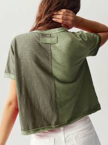 Bohemela Boho Vacation Casual Knit Color Block Round Neck Short Sleeve Loose T-Shirt For Women - Army Green - View 2