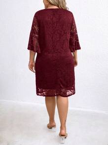 Rometta Vestido midi de encaje con cuello con escote entallado y mangas acampanadas de 3/4 para tallas grandes - Burdeos - Ver 2