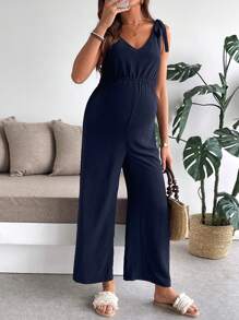 SHEIN 孕妇吊带连体裤，纯色简约时尚，适合夏季 - 藏蓝色 - 查看 3