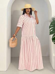 Slaydiva 大码/西式女装条纹短袖衬衫裙，简约时尚 - 彩色 - 查看 5