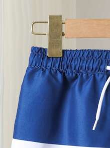 Young Boy Striped Patchwork Solid Color Swim Trunks, Woven Nylon Drawstring - Multicolor - View 4