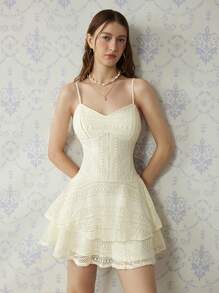 SHEIN MOD 腰部收紧分层荷叶边下摆钩针编织连衣裙 - 杏色 - 查看 7