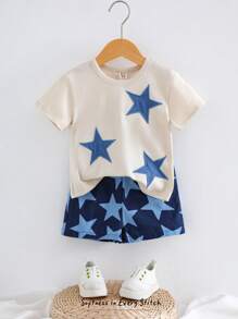 Cozy Pixies 2pcs/Set Baby Boy Star Print Knit Soft Round Neck Short Sleeve Top And Elastic Waist Shorts Set - Multicolor - View 1