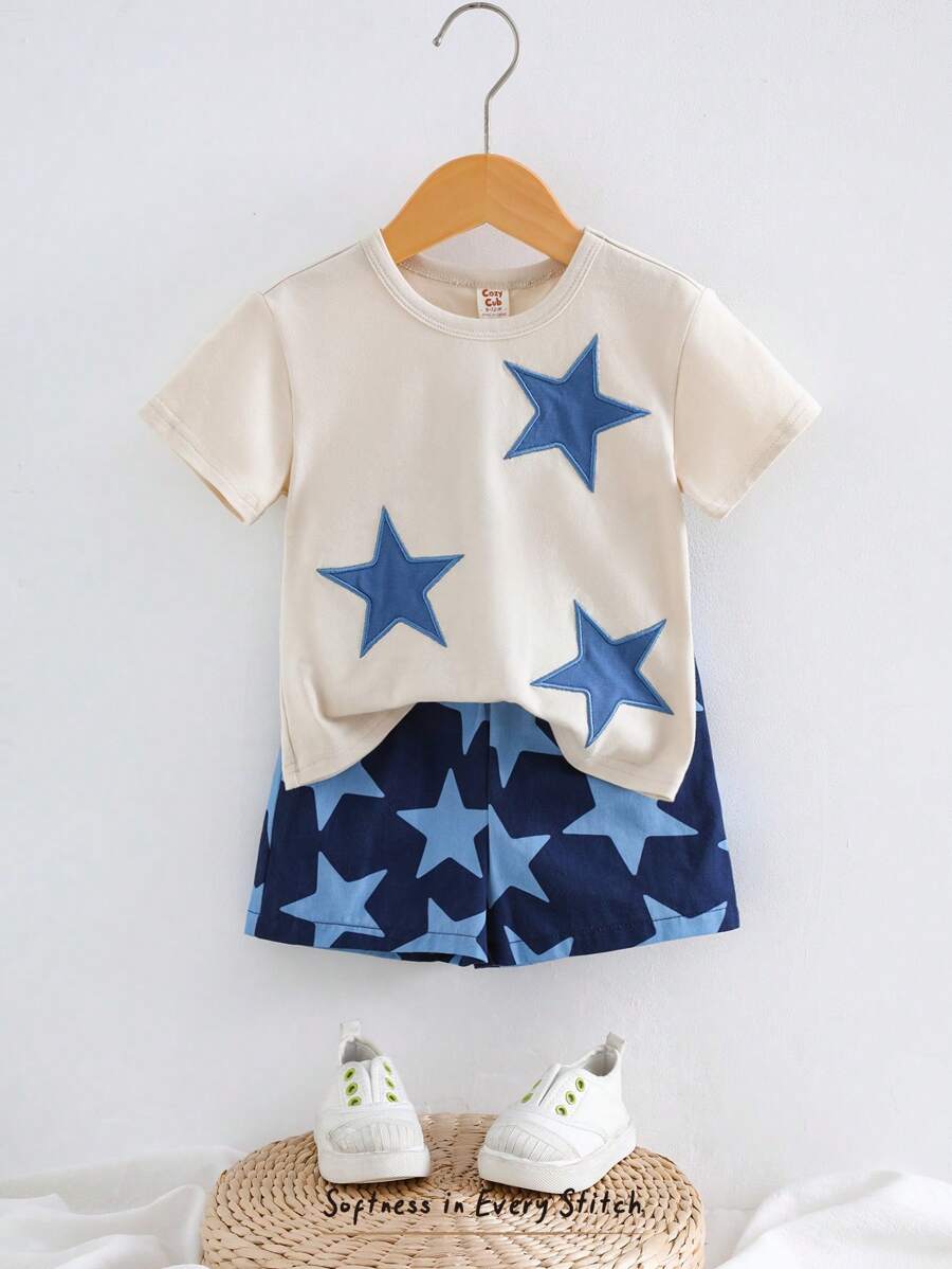 Cozy Pixies 2pcs/Set Baby Boy Star Print Knit Soft Round Neck Short Sleeve Top And Elastic Waist Shorts Set - Multicolor - View 1