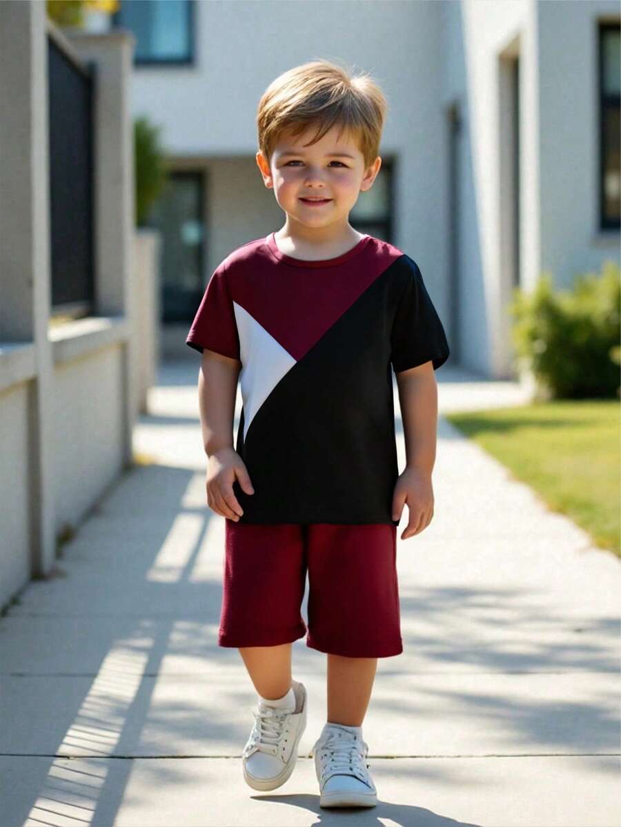 SHEIN Leap Crew Toddler Boys Colourblock Tee & Drawstring Waist Shorts - Burgundy - View 1