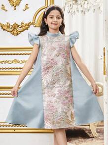 SHEIN Tween Girl Loose Elegant Jacquard Patchwork Ruffle Sleeve Round Neck A-Line Dress - Green - View 2