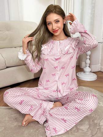 Dream Adore 条纹蝴蝶图案开衫女式睡衣套装