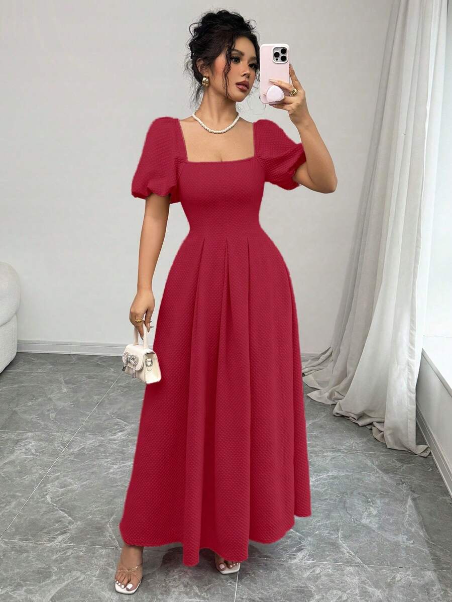 Chiquease Women's Pink Square Neck Cinched Waist Pleated Ruffle Hem Puff Sleeve Backless Dress - Red - View 1