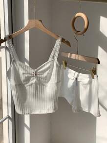 Comfortcana Conjunto informal de 2 piezas de mujer con camiseta de tirantes con volantes de encaje y contraste de color, y shorts - Blanco - Ver 5