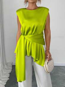 Elenzga Blusa de moda de cuello redondo con nudo y bajo asimétrico en color verde neón para mujer de talla grande