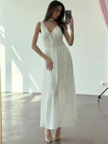 Aloruh Abito casual da donna senza maniche in colore tinta unita con texture - Bianco - Visualizzare 7