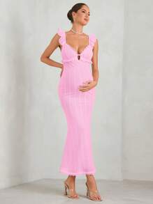 MaterniChic Maternity Sexy Crochet Textured Off-Shoulder Dress With Hollow Back And Elegant Hemline, Suitable For Party, Wedding, Formal Occasions