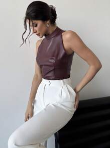 Firerie Women's Simple Urban Chic Everyday Work And Party Anker Red Leather Halter Neck Tank Top, Spring/Summer - Burgundy - View 2