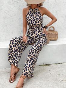 SHEIN Frenchy Mono sin mangas de mujer con estampado de leopardo, cuello halter y cintura ceñida
