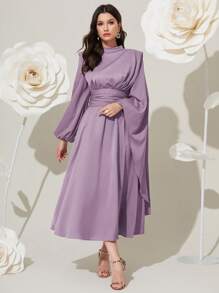 Modelyn 勃艮第红色女士纯色立领短袖阿拉伯朴素长袖连衣裙长款晚礼服